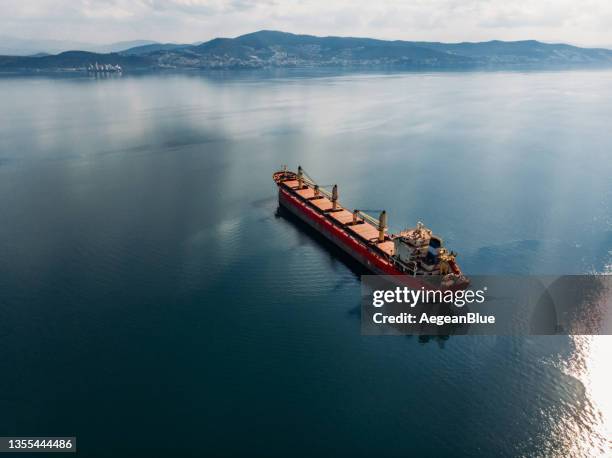 aerial view cargo ship waiting to enter the port - graneleiro imagens e fotografias de stock