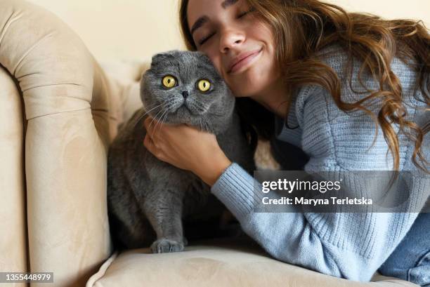 young beautiful girl with a pet cat. - life star stockfoto's en -beelden