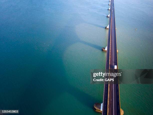 aerial view on the zeelandbrug (zeeland bridge) in the dutch province of zeeland - zeeland stock pictures, royalty-free photos & images