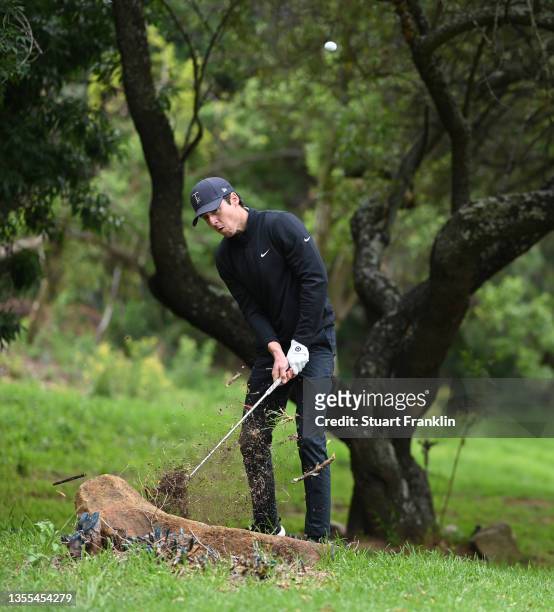 Pep Angles of Spain plays his second shot on the 17th hole during Day One of the JOBURG Open at Randpark Golf Club on November 25, 2021 in...