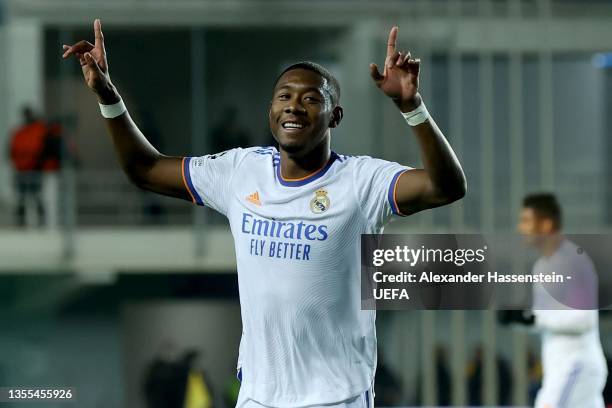 David Alaba of Real Madrid celebrates after scoring their side's first goal during the UEFA Champions League group D match between FC Sheriff and...