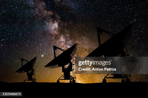 Large radio telescopes on the background of the starry sky Large radio telescopes on the background of the starry sky