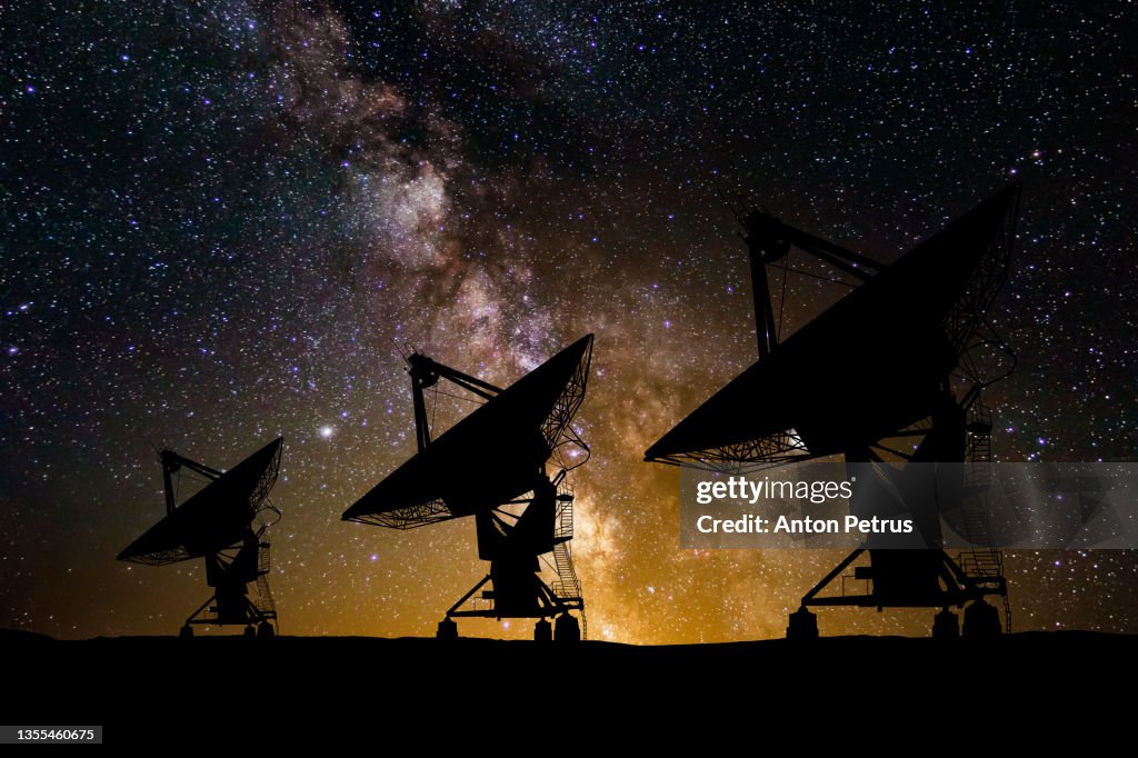 Large radio telescopes on the background of the starry sky