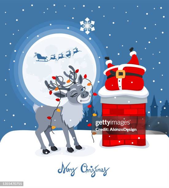 lustige weihnachtssituation. der weihnachtsmann steckt im schornstein fest. - schlittenfahrt stock-grafiken, -clipart, -cartoons und -symbole