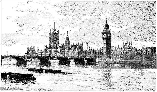 antike illustration: westminster, london - gravur stock-grafiken, -clipart, -cartoons und -symbole