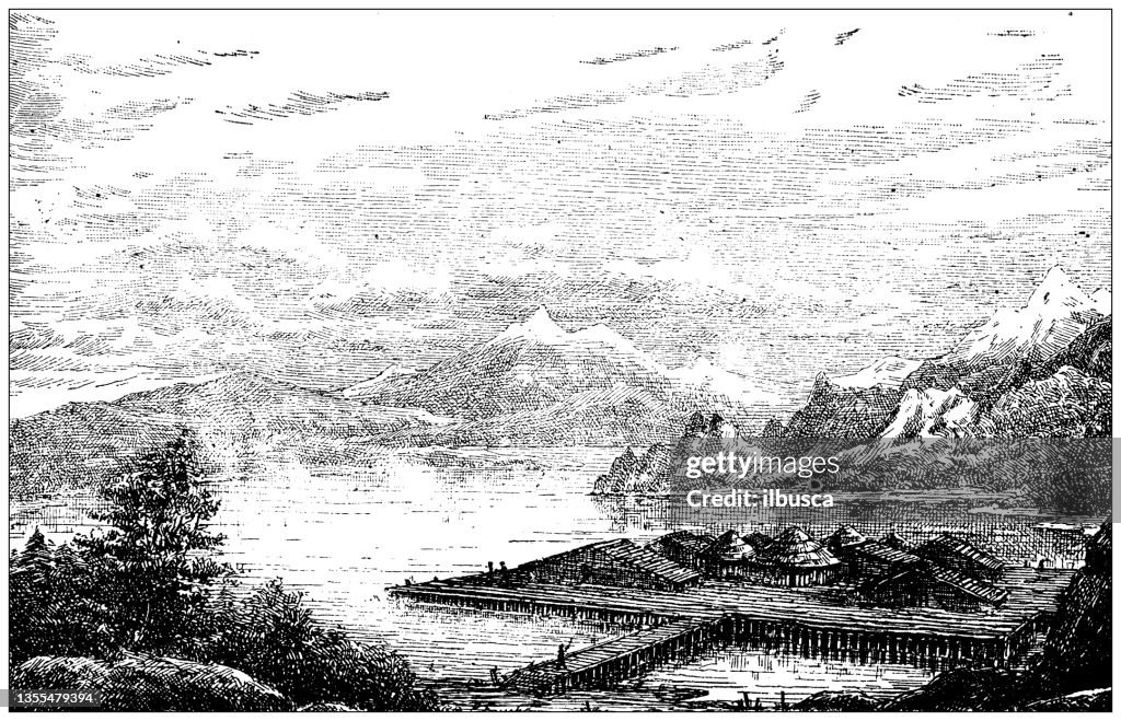 Antique illustration: Lake dwellers, Neolithic, Latringen (Switzerland)