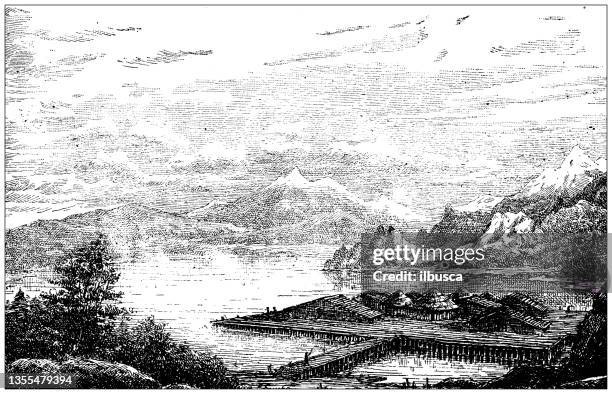 antique illustration: lake dwellers, neolithic, latringen (switzerland) - neolithic house stock illustrations