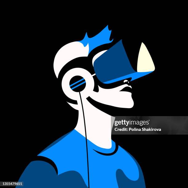 vector illustration of a guy using virtual reality glasses. - young men 幅插畫檔、美工圖案、卡通及圖標