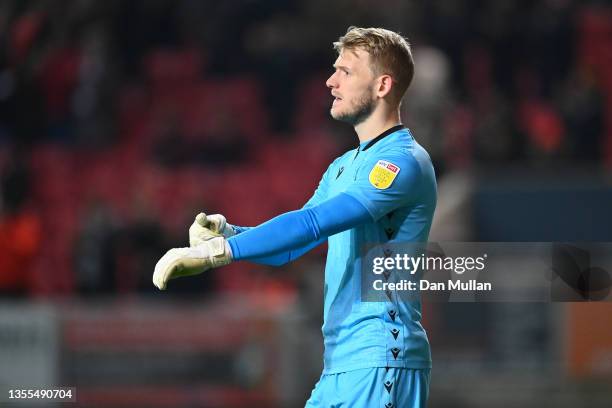 Adam Davies of Stoke City gestures during the Sky Bet Championship match between Bristol City and Stoke City at Ashton Gate on November 24, 2021 in...