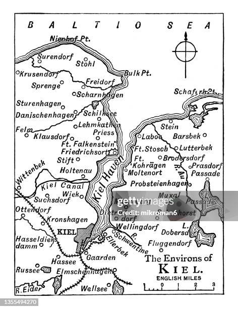 old engraved map of the environs of kiel, city on germany’s baltic sea coast - ancient world map stock pictures, royalty-free photos & images