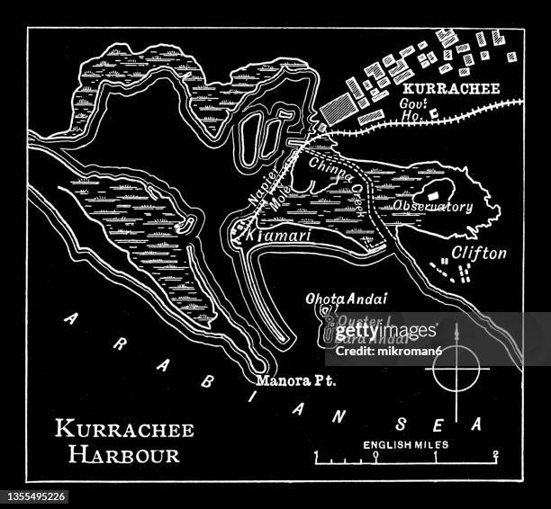 old engraved map of kurrachee (karachi) harbour, largest city in pakistan - karachi map stock pictures, royalty-free photos & images