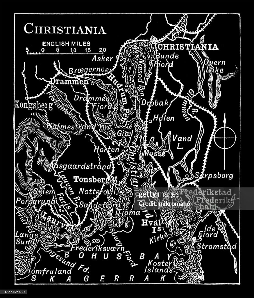 Old engraved map of Christiania, Kristiania, Oslo - Norway
