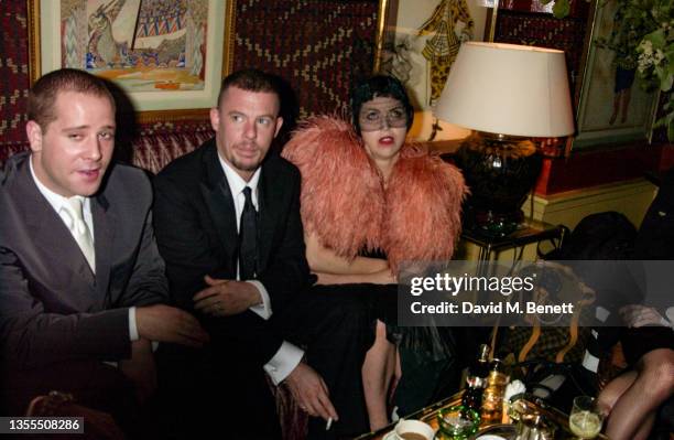 Alexander McQueen and Isabella Blow attend a party celebrating the launch of US Vogue journalist Plum Syke's debut novel "Bergdorf Blondes" at...