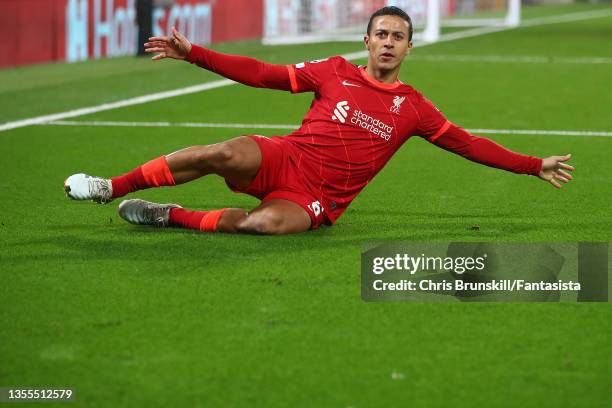 Thiago Alcantara of Liverpool celebrates scoring the opening goal during the UEFA Champions League group B match between Liverpool FC and FC Porto at...