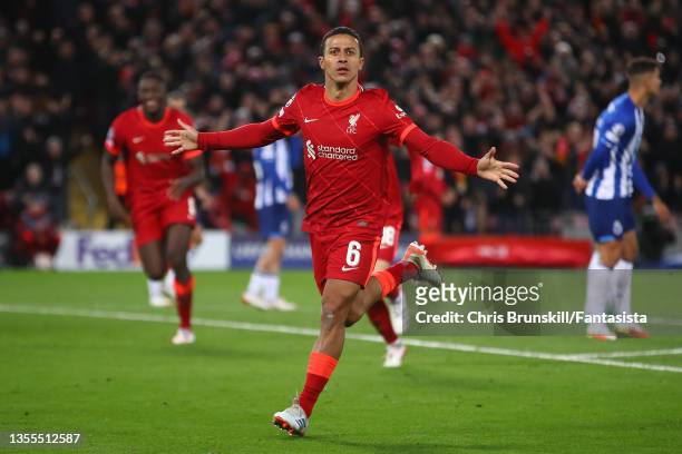 Thiago Alcantara of Liverpool celebrates scoring the opening goal during the UEFA Champions League group B match between Liverpool FC and FC Porto at...