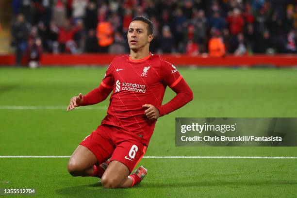 Thiago Alcantara of Liverpool celebrates scoring the opening goal during the UEFA Champions League group B match between Liverpool FC and FC Porto at...