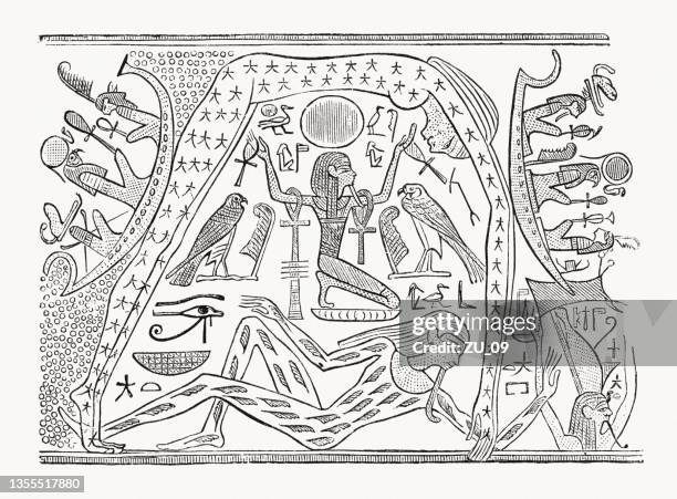 ancient egyptian worldview of heaven and earth, woodcut, published 1862 - egyptian mythology stock illustrations