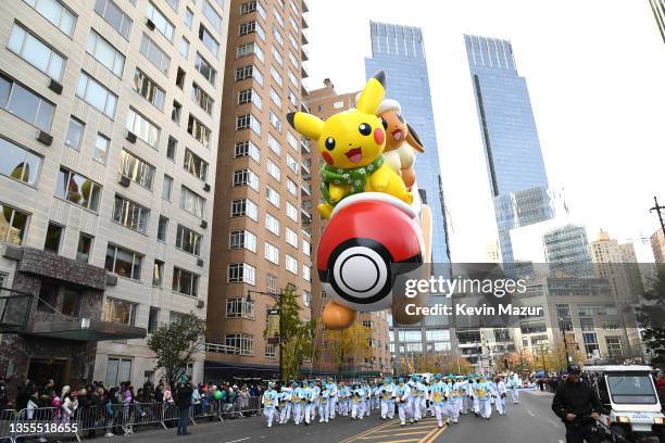 Pikachu and Eevee balloon during the 95th Macy's Thanksgiving Day Parade on November 25, 2021 in New York City.