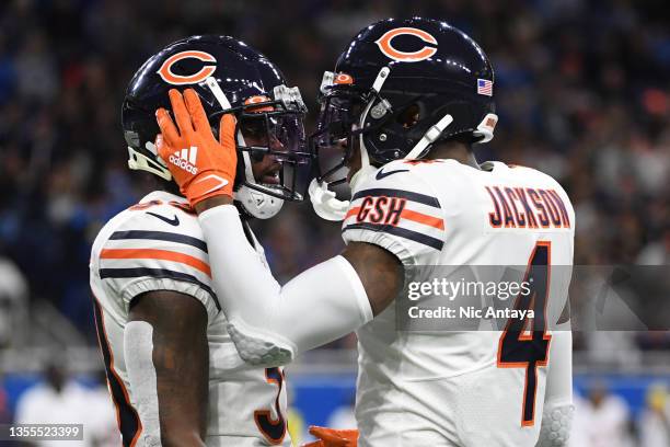 Jaylon Johnson and Eddie Jackson of the Chicago Bears reacts against the Detroit Lions during the first quarter at Ford Field on November 25, 2021 in...