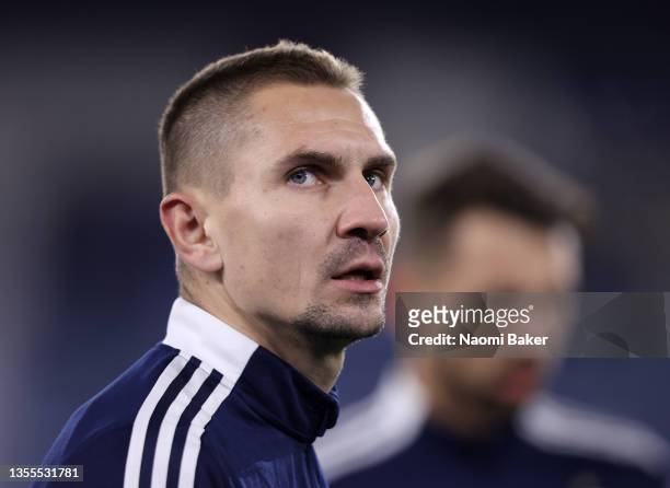 Artur Jedrzejczyk of Legia Warszawa looks on prior to the UEFA Europa League group C match between Leicester City and Legia Warszawa at Leicester...