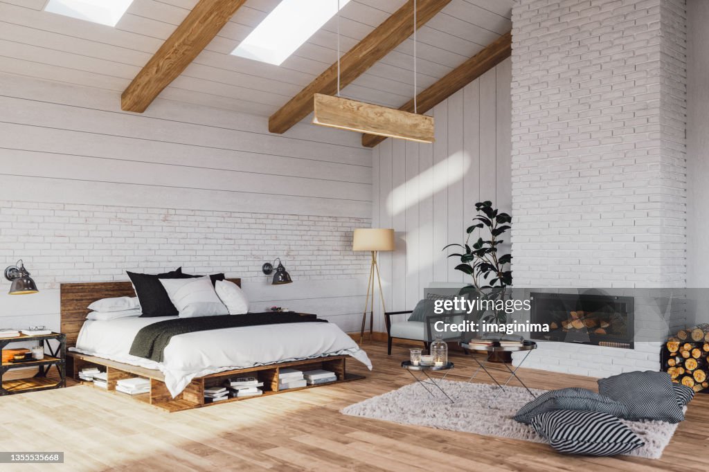 Skandinavisches Schlafzimmer in einem luxuriösen Cottage-Haus