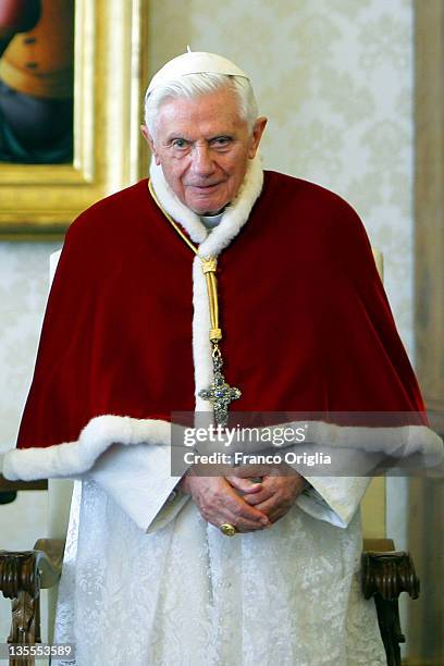 Pope Benedict XVI attends an audience with President of Armenia Serzh Sargsyan, in his private library on December 12, 2011 in Vatican City, Vatican....