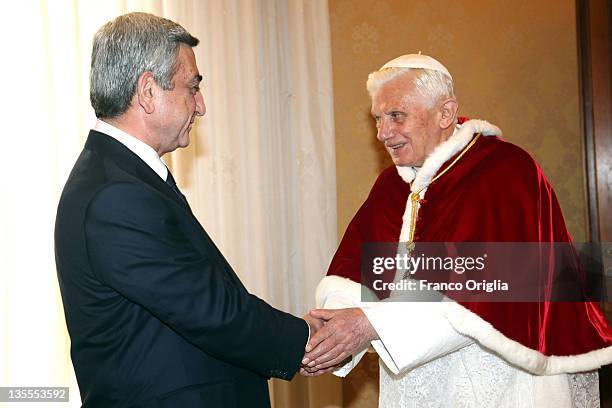 Pope Benedict XVI meets with the President of Armenia Serzh Sargsyan, in his private library on December 12, 2011 in Vatican City, Vatican. Sargsyan,...