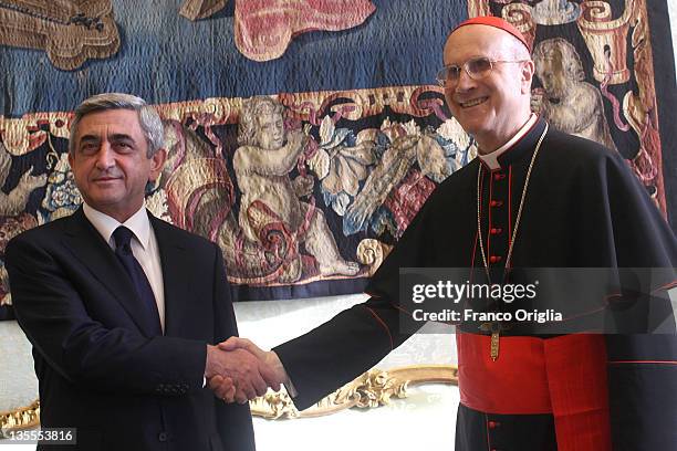 President of Armenia Serzh Sargsyan meets with Vatican Secretary of State Cardinal Tarcisio Bertone after an audience with Pope Benedict XVI on...