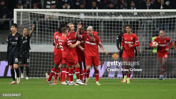 Radja Nainggolan of Royal Antwerp celebrates with teammates after scoring their side's first goal during the UEFA Europa League group D match between...