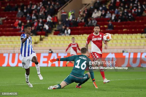 Alexander Isak of Real Sociedad scores to level the game at 1-1 during the UEFA Europa League group B match between AS Monaco and Real Sociedad at...