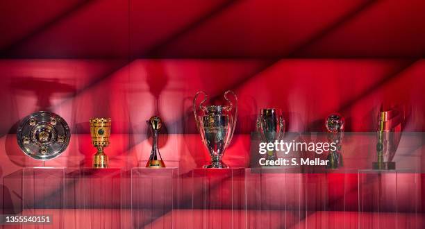 Picture shows the trophies won by FC Bayern Muenchen during the FC Bayern Muenchen annual meeting at Audi Dome on November 25, 2021 in Munich,...