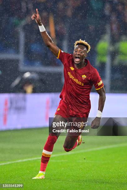 Tammy Abraham of AS Roma reacts during the UEFA Europa Conference League group C match between AS Roma and Zorya Lugansk at on November 25, 2021 in...