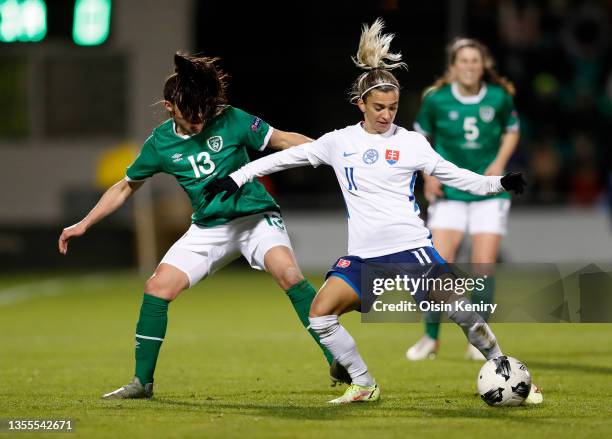 Aine O'Gorman of Ireland battles for possession with Patricia Hmirova of Slovakia during the FIFA Women's World Cup 2023 Qualifier group A match...