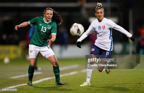 Aine O'Gorman of Ireland battles for possession with Patricia Hmirova of Slovakia during the FIFA Women's World Cup 2023 Qualifier group A match...