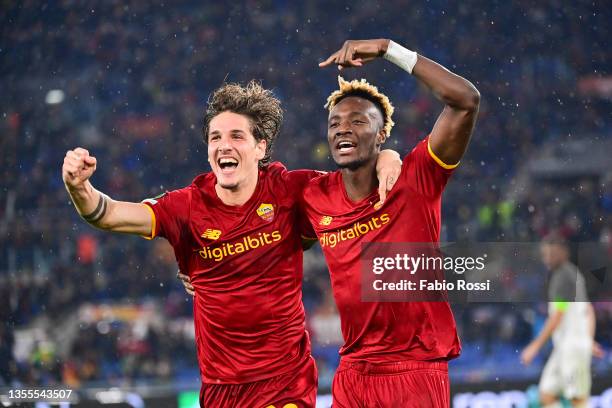 Tammy Abraham celebrates after scoring his team's third goal during the UEFA Europa Conference League group C match between AS Roma and Zorya Lugansk...