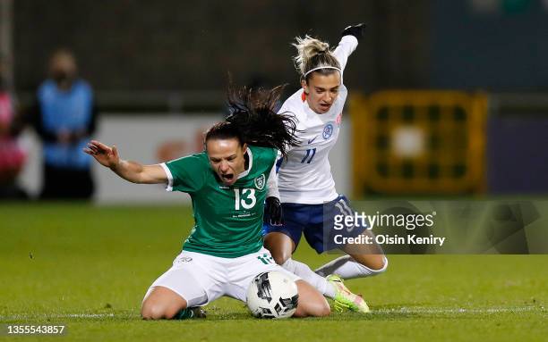 Aine O'Gorman of Ireland battles for possession with Patricia Hmirova of Slovakia during the FIFA Women's World Cup 2023 Qualifier group A match...