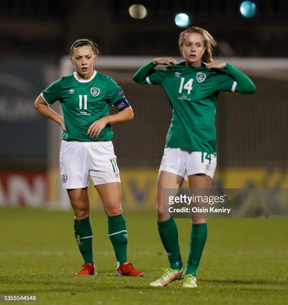 Katie McCabe of Ireland reacts at the final whistle during the FIFA Women's World Cup 2023 Qualifier group A match between Ireland and Slovakia at on...