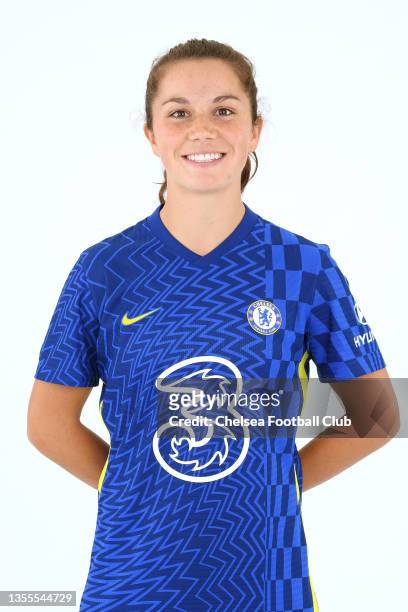 Jessie Fleming of Chelsea poses for a portrait during a Chelsea FC Women Media Day at Chelsea Training Ground on August 24, 2021 in Cobham, England.