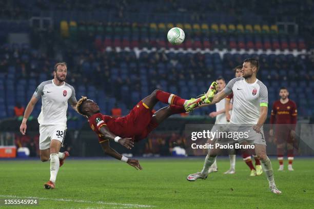 Tammy Abraham of AS Roma scores their side's fourth goal during the UEFA Europa Conference League group C match between AS Roma and Zorya Lugansk at...