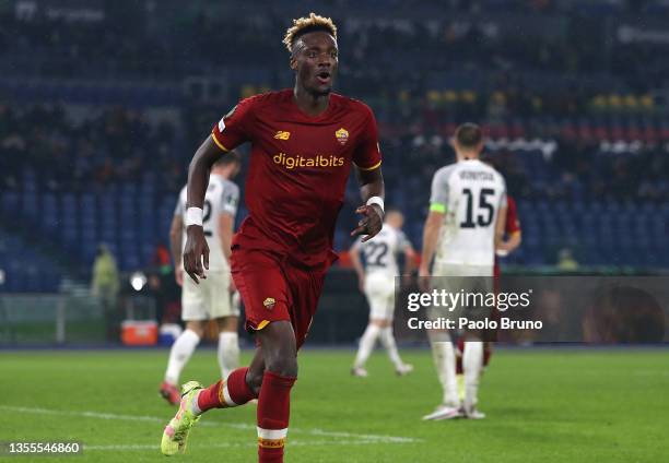 Tammy Abraham of AS Roma celebrates after scoring their side's fourth goal during the UEFA Europa Conference League group C match between AS Roma and...
