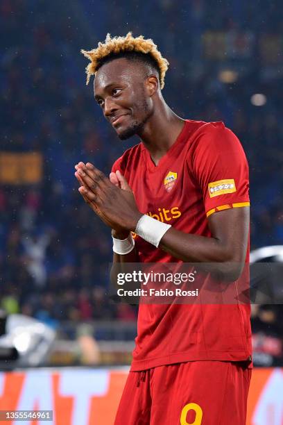 Tammy Abraham of AS Roma celebrates after scoring his second goal during the UEFA Europa Conference League group C match between AS Roma and Zorya...