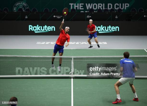 Jiri Lehecka and Tomas Machac of the Czech Republic play Pierre-Hugues Herbert and Nicolas Mahut of France during the group C round robin match...
