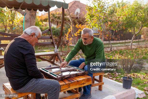 father and son playing  games tavla - backgammon 個照片及圖片檔