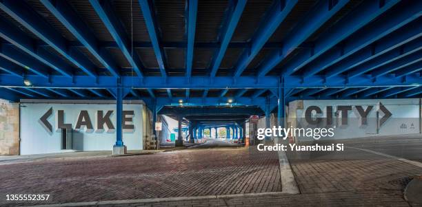 lake and city sign under route 2 bridge - cleveland ohio sign stock pictures, royalty-free photos & images