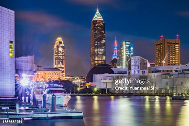 downtown cleveland skyline from north - cleveland ohio stock pictures, royalty-free photos & images