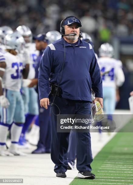 Head Coach Mike McCarthy of the Dallas Cowboys looks on during the second quarter of the NFL game between Las Vegas Raiders and Dallas Cowboys at...