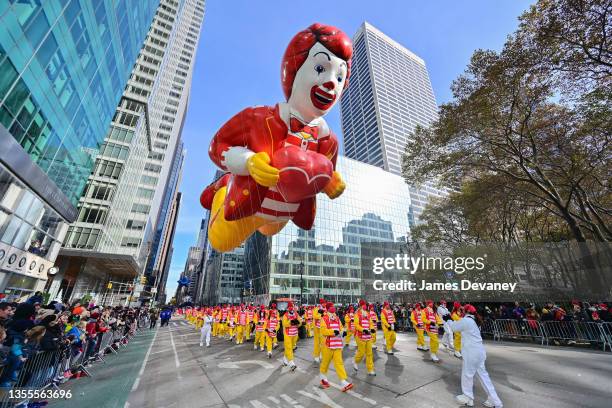 View of the Ronald McDonald balloon at the 95th Annual Macy's Thanksgiving Day Parade on November 25, 2021 in New York City.