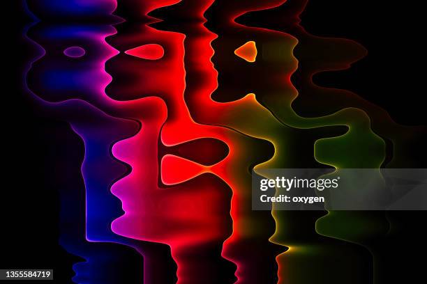 abstract distorted portraits silhouette shapes wave psychedelic strips composition fluid on black background - refraction people photos et images de collection