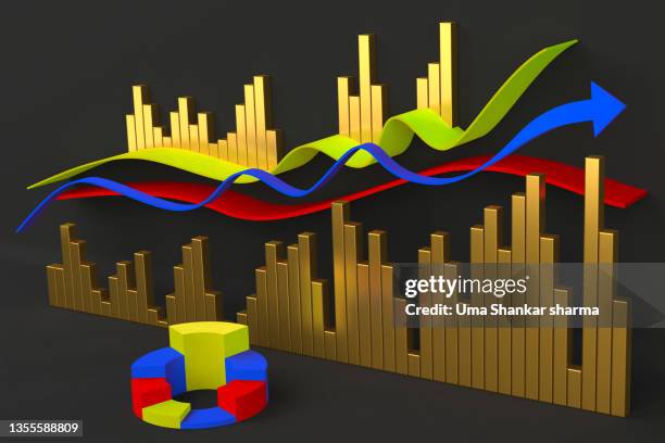 3d graph and pie chart of corporate business showing financial profit and loss. - 3d pie chart stock pictures, royalty-free photos & images