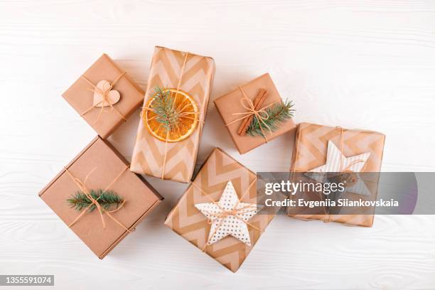 christmas gift boxes are on white background. - knitted stockfoto's en -beelden